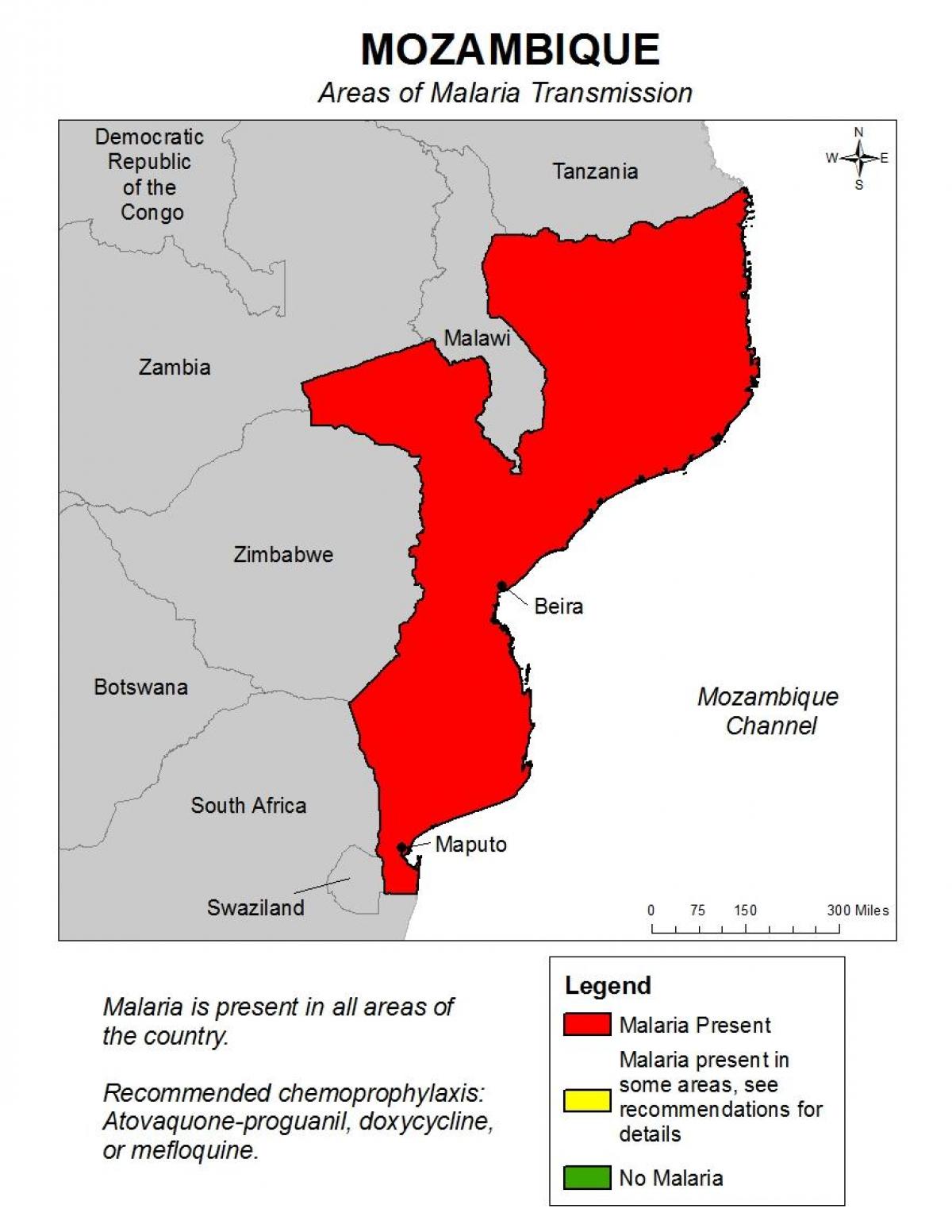 mapa Mozambik malária