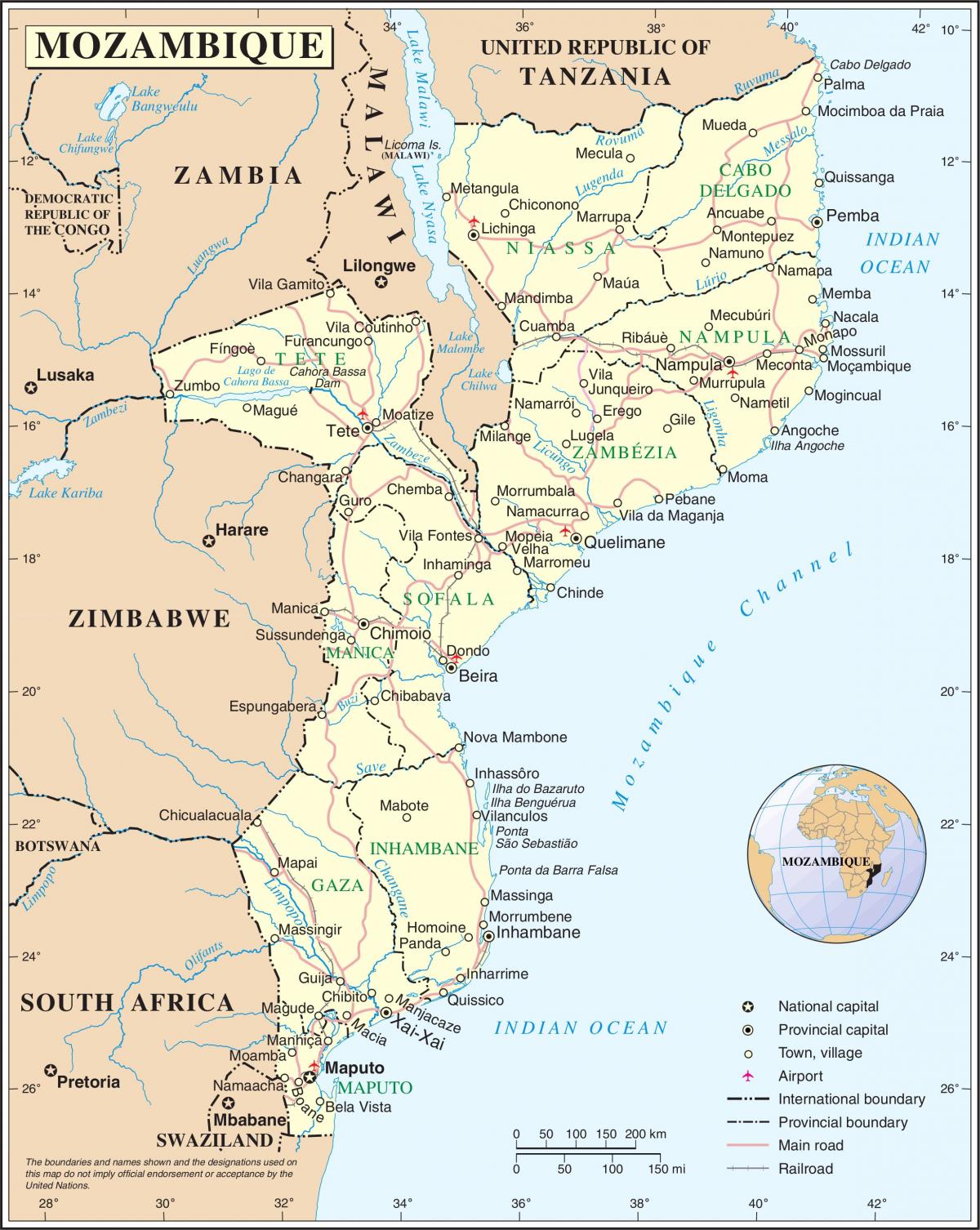 letiská v Mozambiku na mape