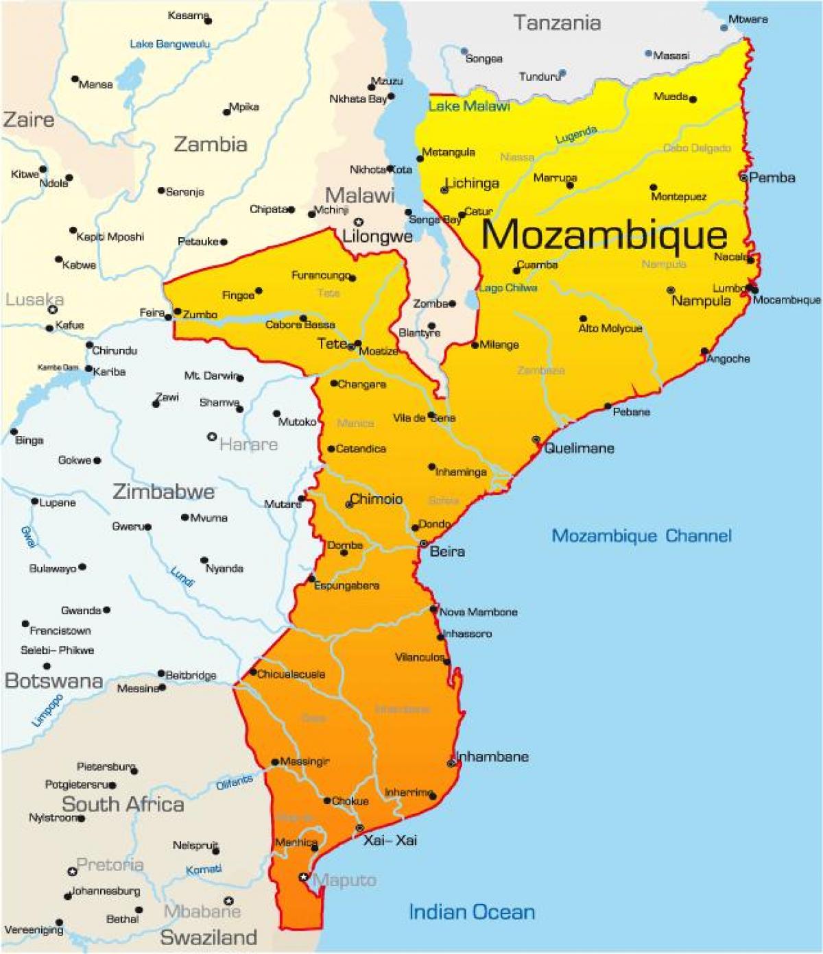 mapa Mozambik mapu s vzdialenosti